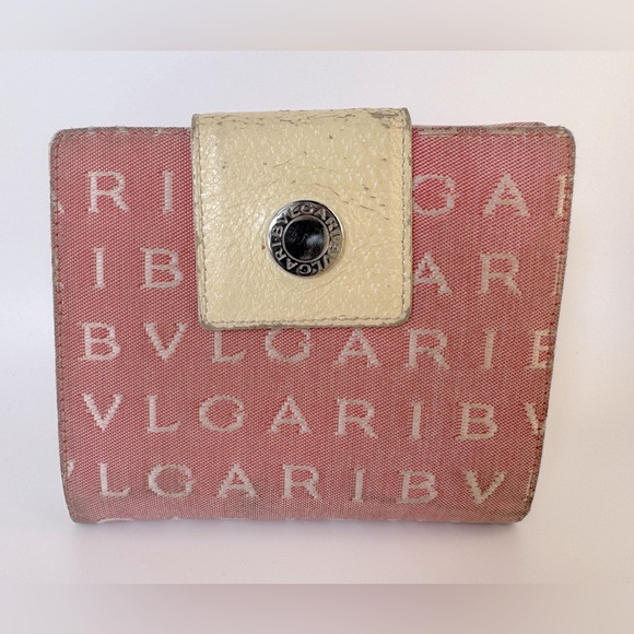 Bulgari Pink Wallet BVLGARI Pink Logo Canvas Bifold Wallet Authentic - Picture 2 of 15